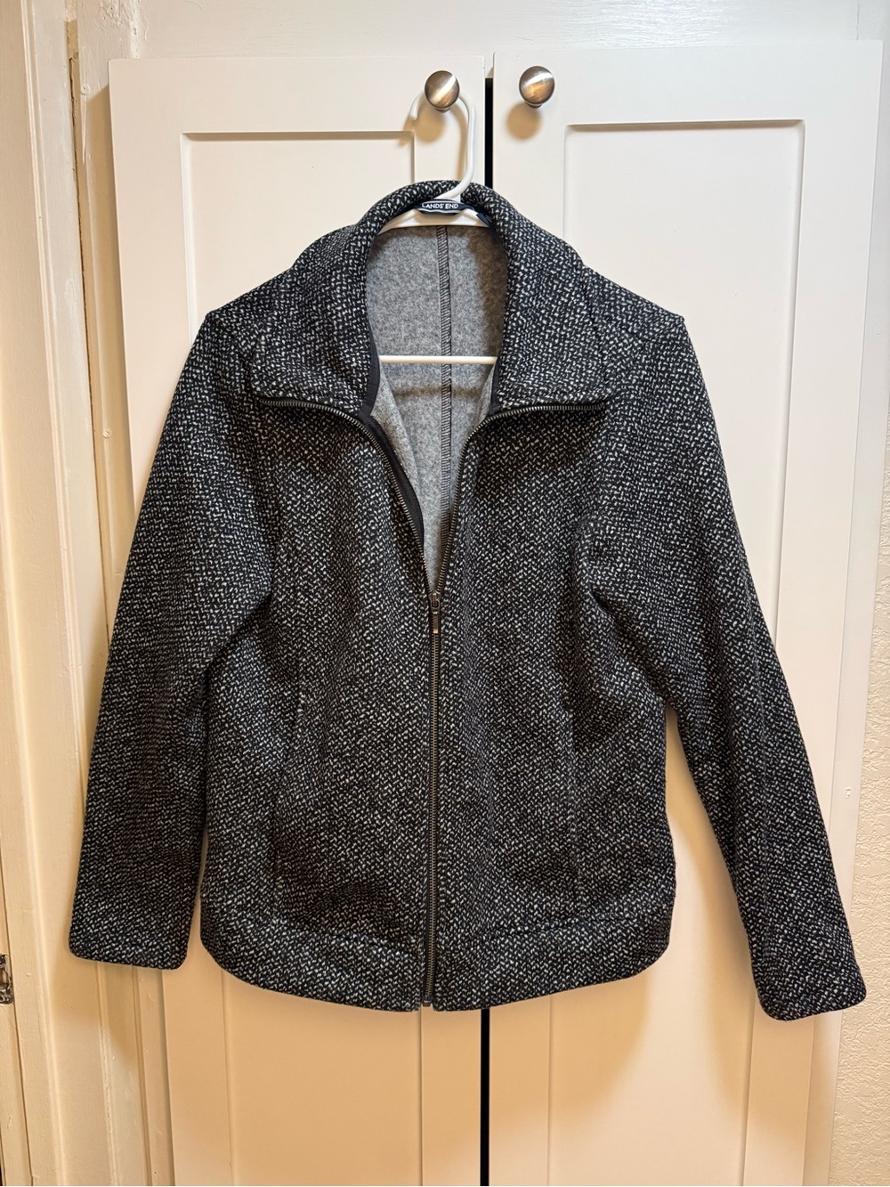 Lands' End Black and White Tweed Fleece-lined Zip Jacket